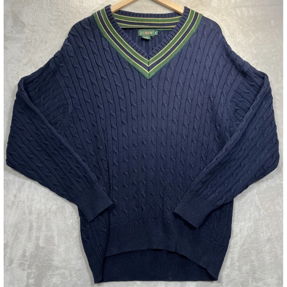 Vintage J.CREW Oarsman Sweater Mens M Blue Cable Knit V Neck Cricket Cotton
